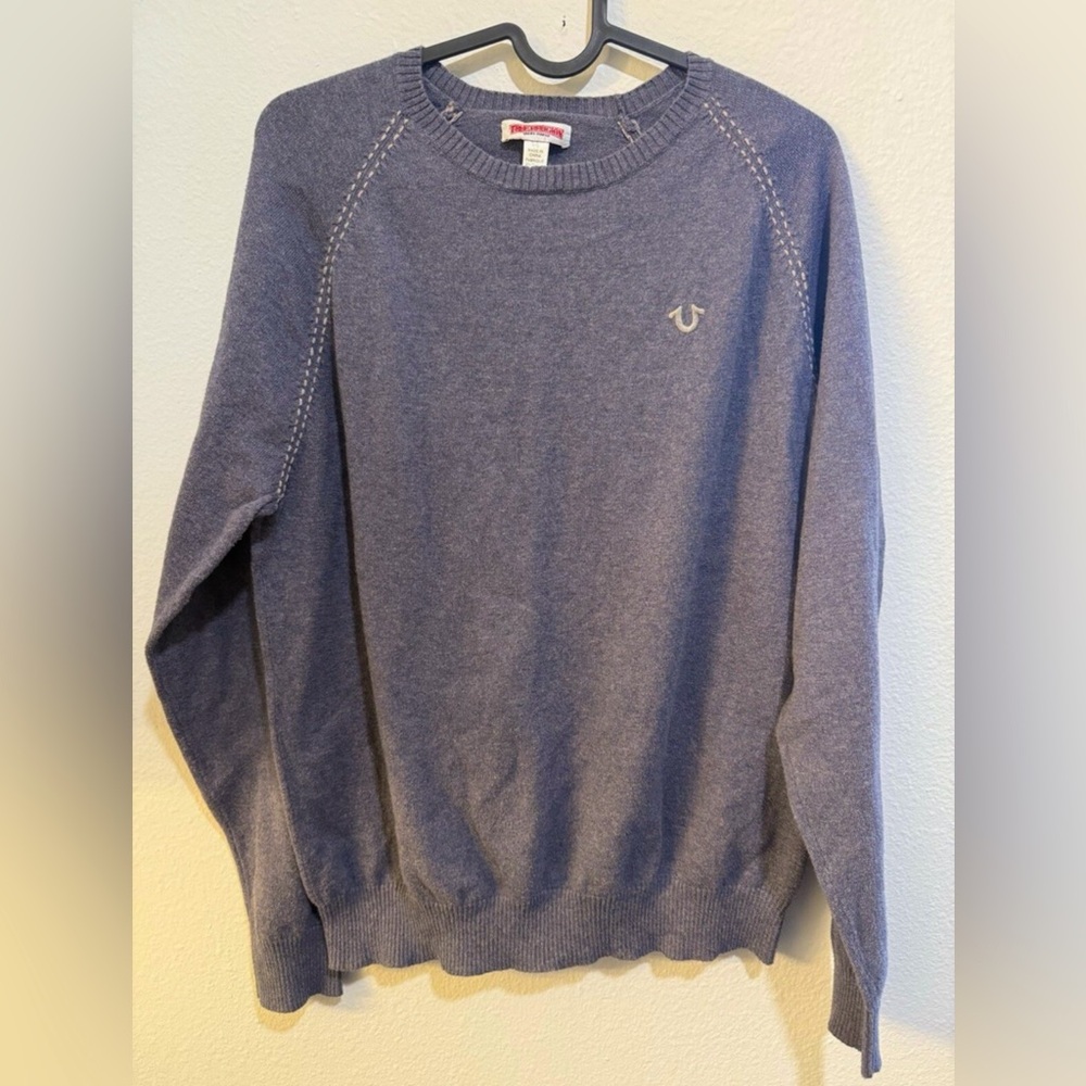 True Religion Mens Sweatshirt Blue/Gray Horse Shoe Logo Sweater Pullover Sz M